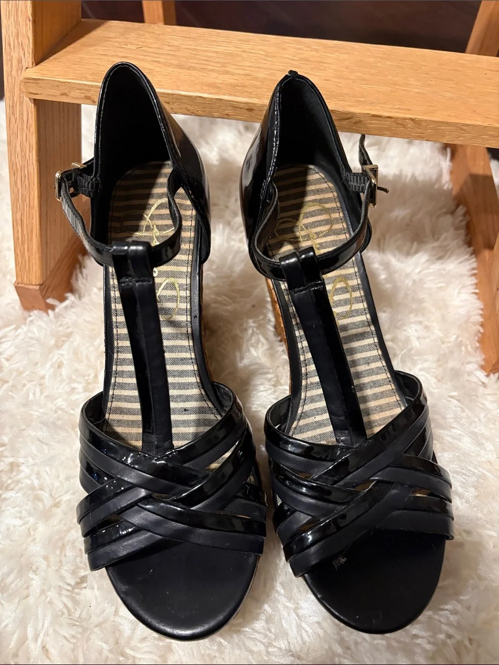 Black Wedge Sandals with T-Strap and Contrasting Tan Woven Platforms
